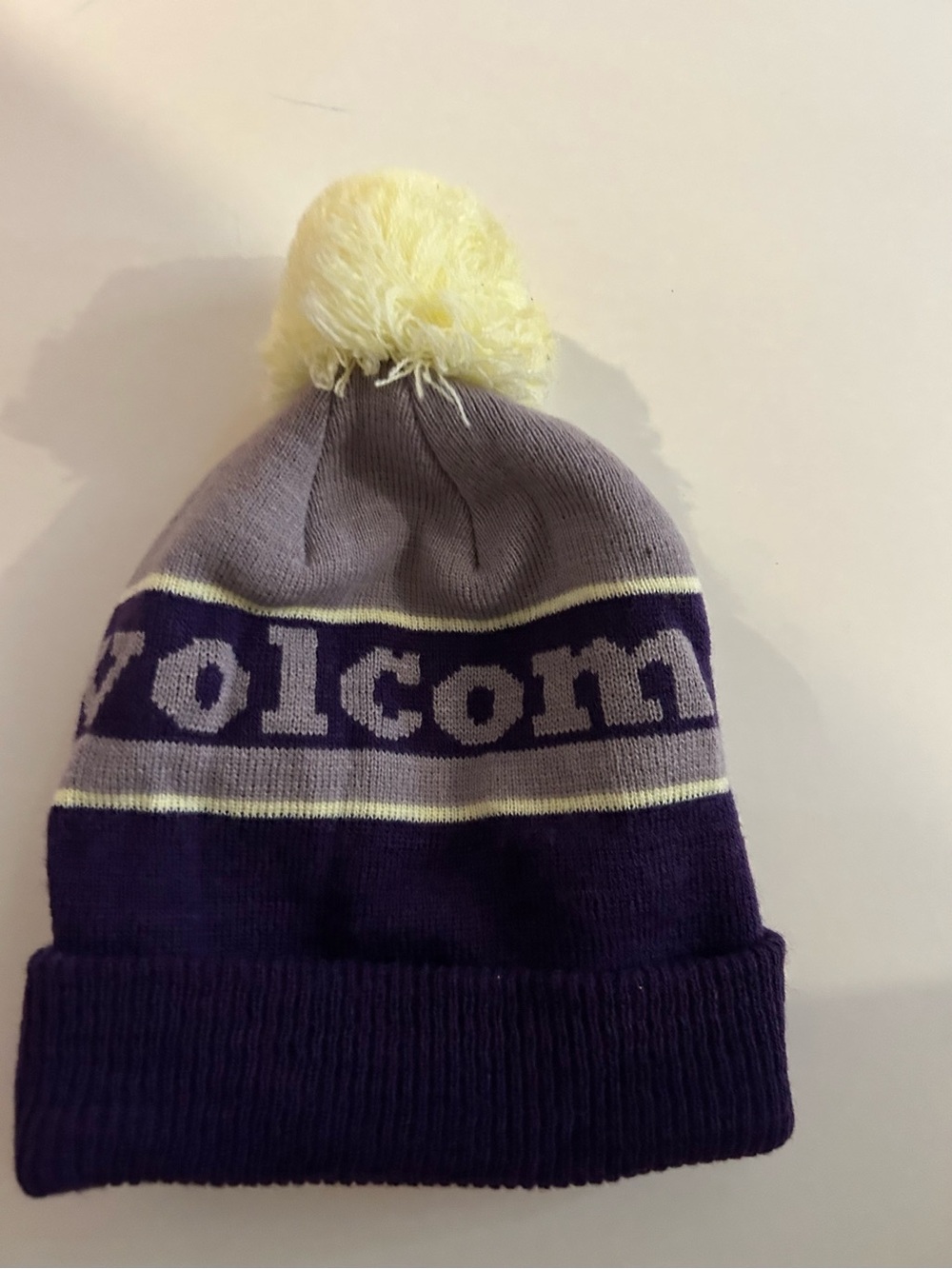 Volcom womens Pom Beanie - Purple & Gray with Yellow Pom
